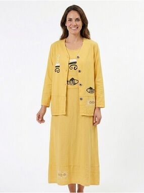 VTG Coastal Granny Yellow Maxi Dress Matching Button jacket cotton linen small